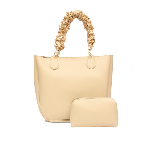 Chic Cream Tote Bag with Satin Ruched - Levo