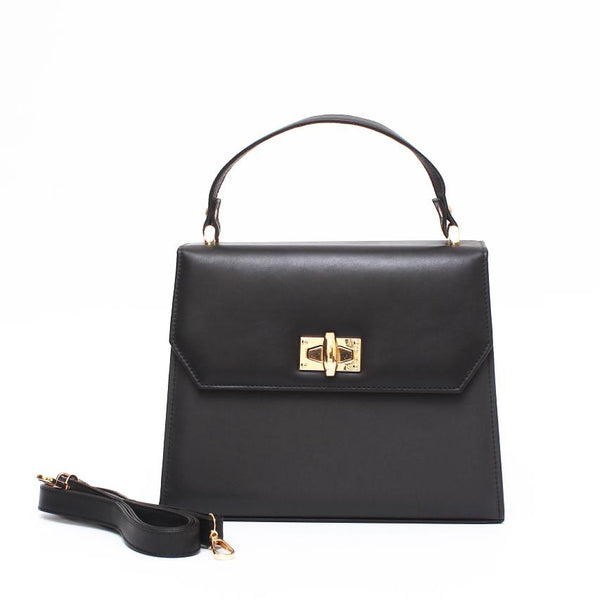 Classic Black Shoulder Bag with Gold Lock & Detachable Strap - Levo