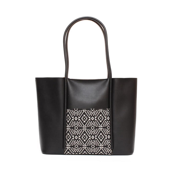 Trendy Black Faux Leather Tote Bag with Tribal Print Accent - Levo