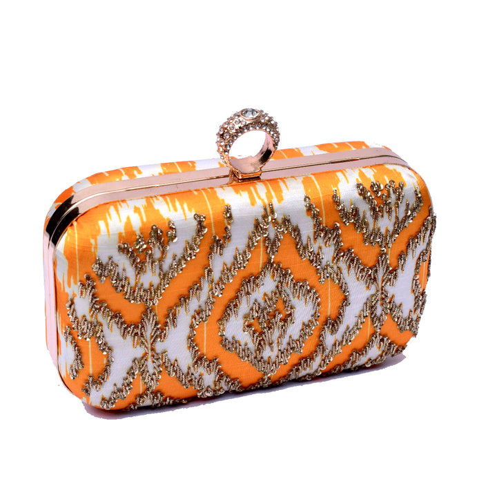 Embroidered Orange & Gold Designer Evening Bag - Levo