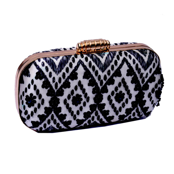 Elegant Black & White Beaded Women's Clutch - Levo
