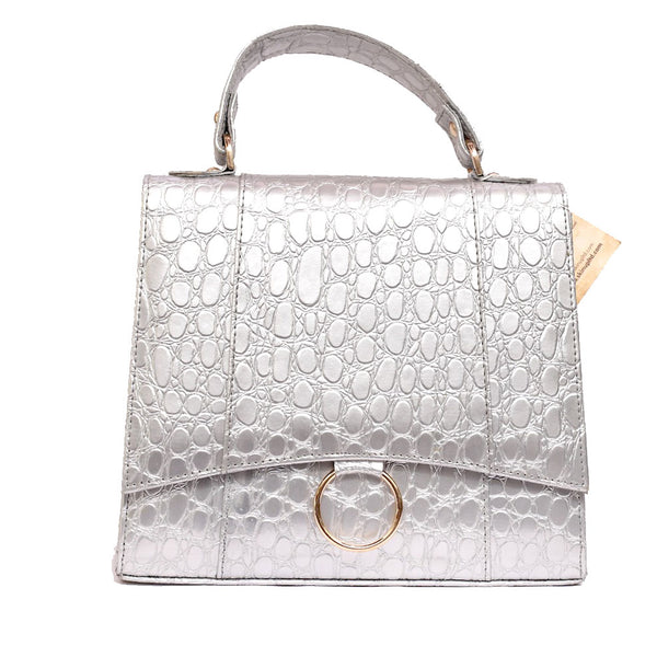Elegant Silver Croc-Embossed Women’s Handbag - Levo